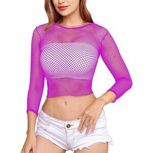 🆕Women Purple Fishnet Long Sleeve Crop Top Mini Lingerie Mesh Babydolls Chemise
